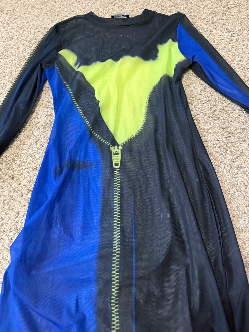 Black Mesh Dress with Neon Yellow Chevron and Royal Blue Panels